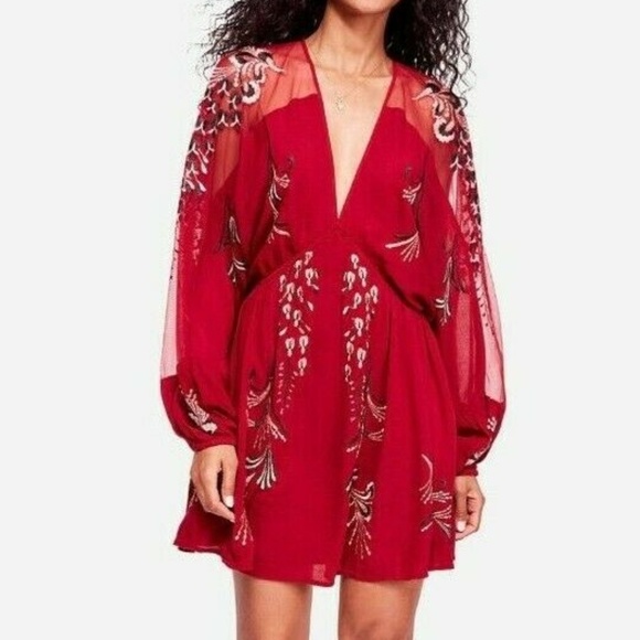 .Free People Embroidered Long Sleeve Mini Dress - Picture 2 of 8